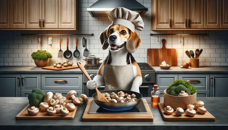 pes a varene houby v kuchyni