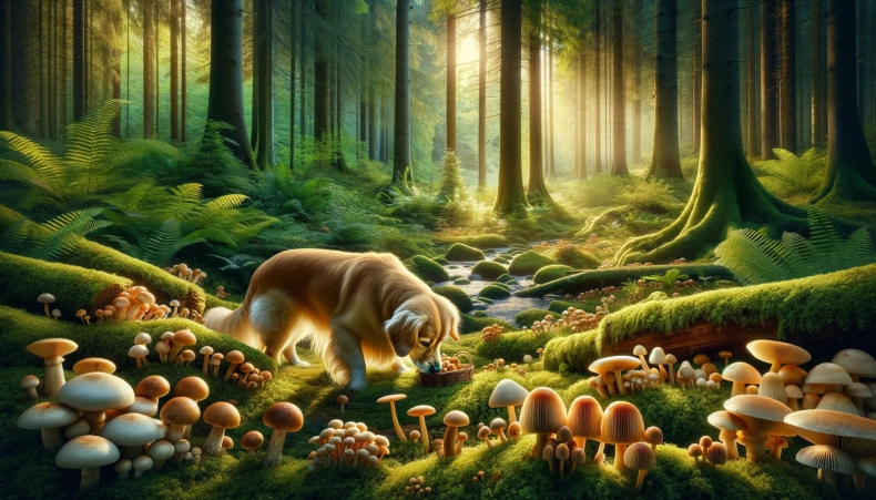 pes v lese sbira houby