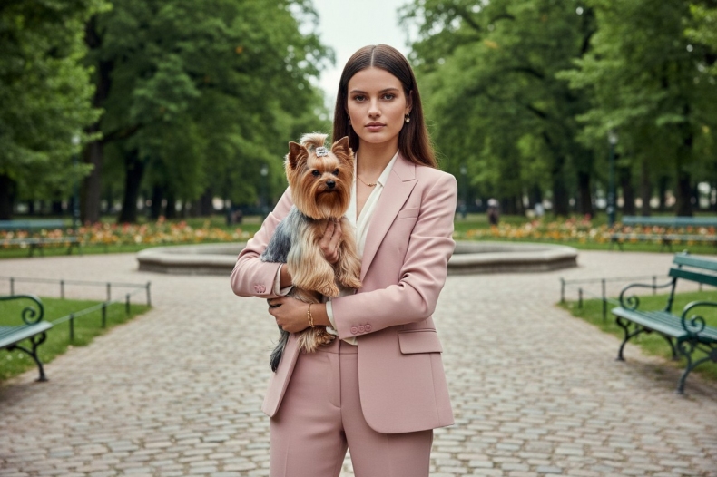 Yorkshire terrier nadherne upraveny pes v naruci modelky